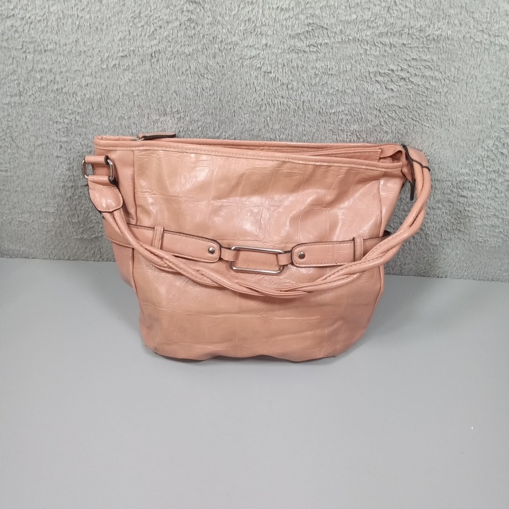 Peach Pink Croc Embossed Shoulder Bag Faux Leather Silver Hardware RN 108833